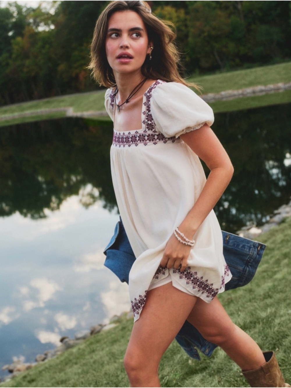 A&F Cream Puff-Sleeve Embroidered Babydoll Dress